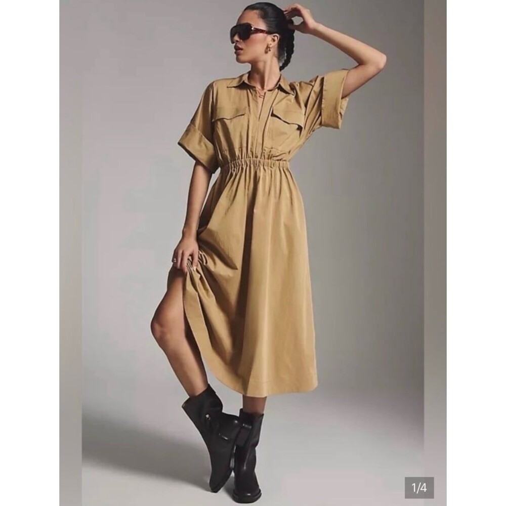 Maeve Anthropologie Taupe Utility Shirt Dress Midi Length Size Large - Picture 9 of 12